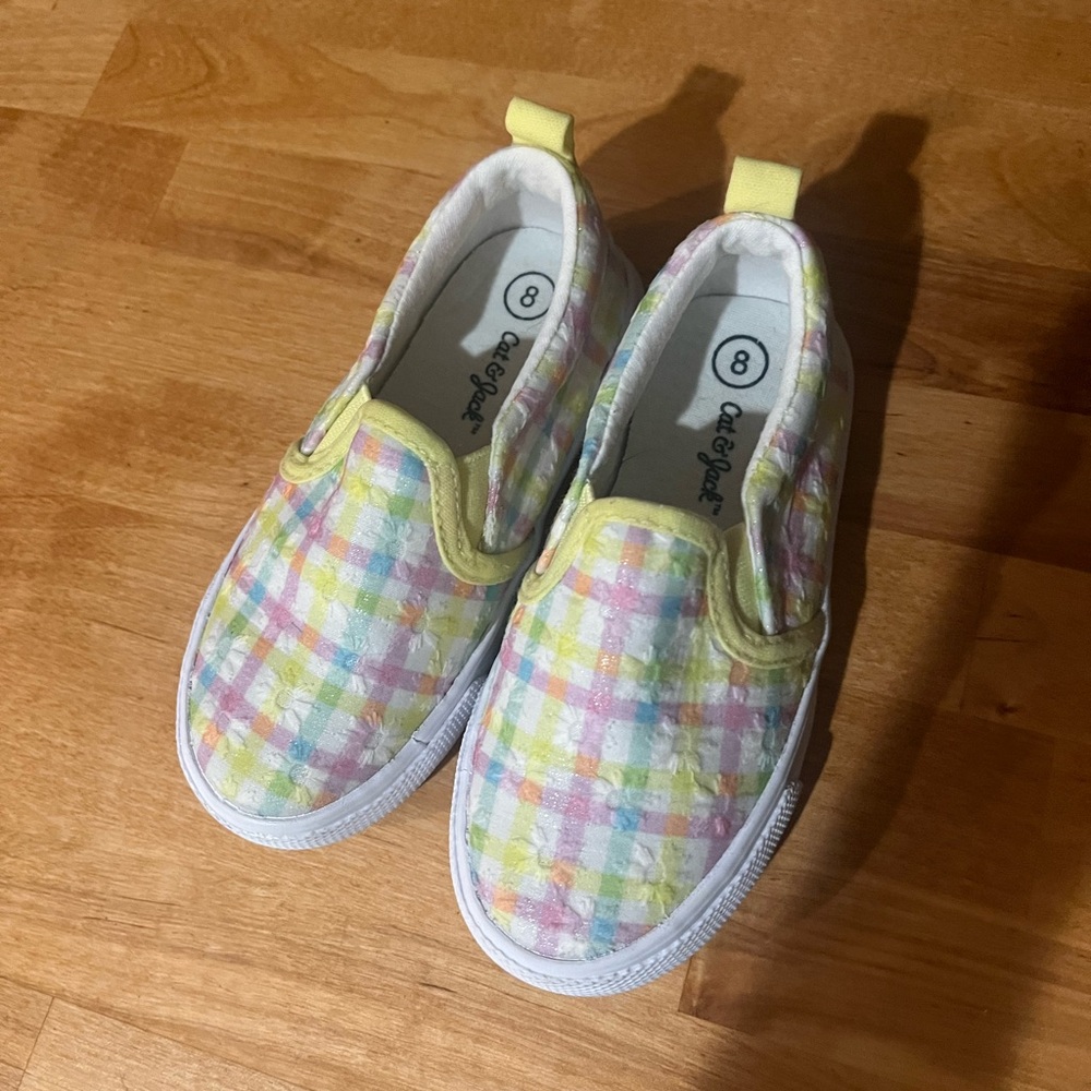 Girls Cat & Jack Yellow and Pink Slip-On Sneakers like new size 8